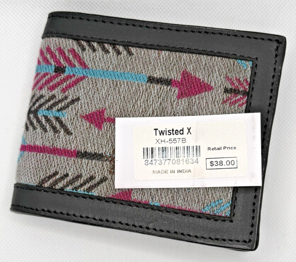 Twisted X Mens Bifold Wallet Arrows Fuschia Blue Gray Fabric Leather NWT In Box